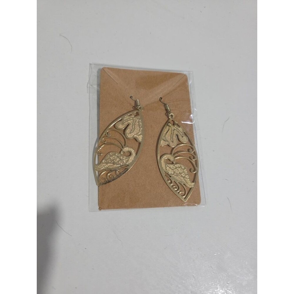 Gold-Tone Filigree Leaf Dangle Earrings with Bird Motif